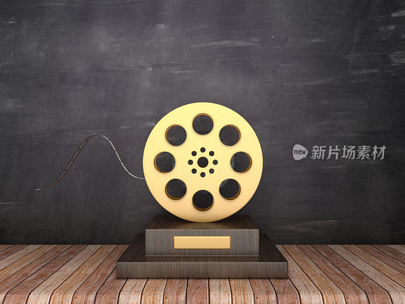 奖杯与电影卷轴在木地板-黑板背景- 3D渲染